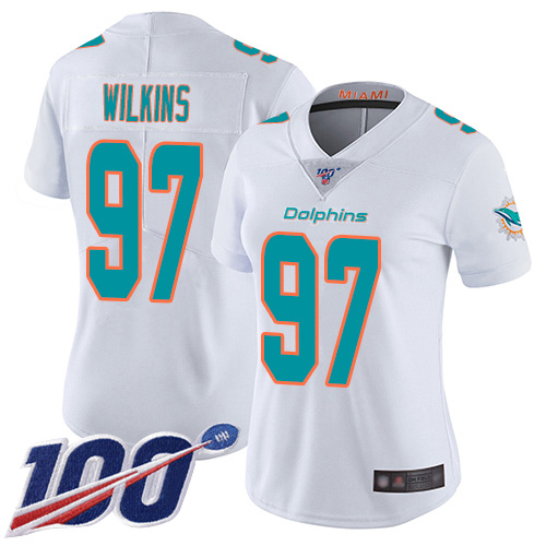 Nike Miami Dolphins 97 Christian Wilkins White Women Stitched NFL 100th Season Vapor Limited Jersey